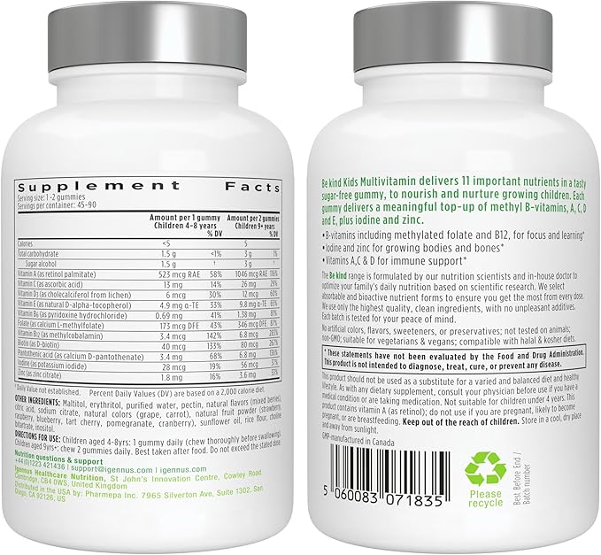 Igennus Methylated Kids Multivitamin Gummies, MTHFR, No Artificial Sweeteners or Flavors, Sugar Free, Age 4+, 90 Natural Berry Flavor Gummies from Fruit Powder, Non-GMO, Halal, Clean Label