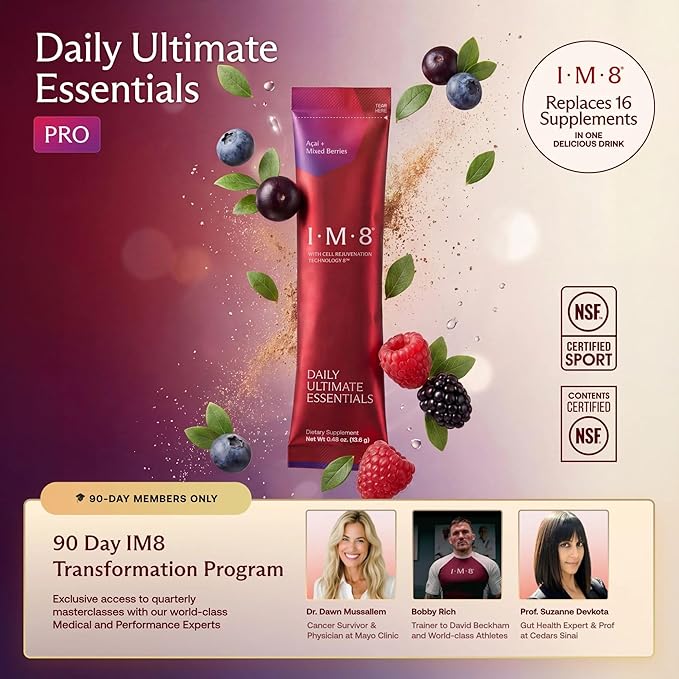 IM8 Daily Ultimate Essentials All-in-One Multivitamin Supplement, 92 Nutrient Rich Ingredients CoQ10, Probiotics, Vitamins, Greens, Gluten Free, Vegan (90 Packets, Acai and Mixed Berries)