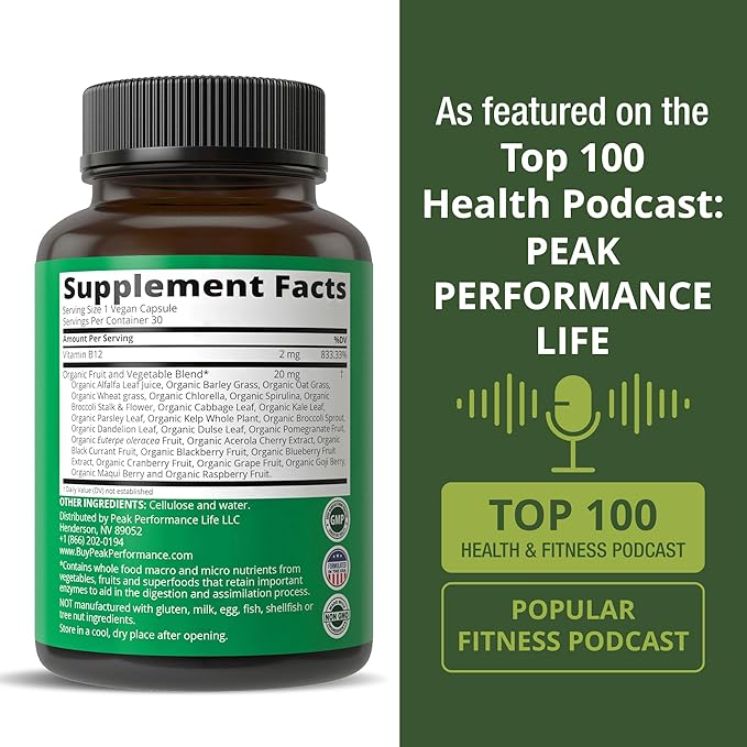 Methyl B12 Vitamin + Whole Food Blend of 25 Vegetables and Fruits for Max Absorption. Vegan Vitamin B12 Methylcobalamin - Methyl B-12 Supplement for Energy, Focus and Relief. 30 Day Supply Capsules