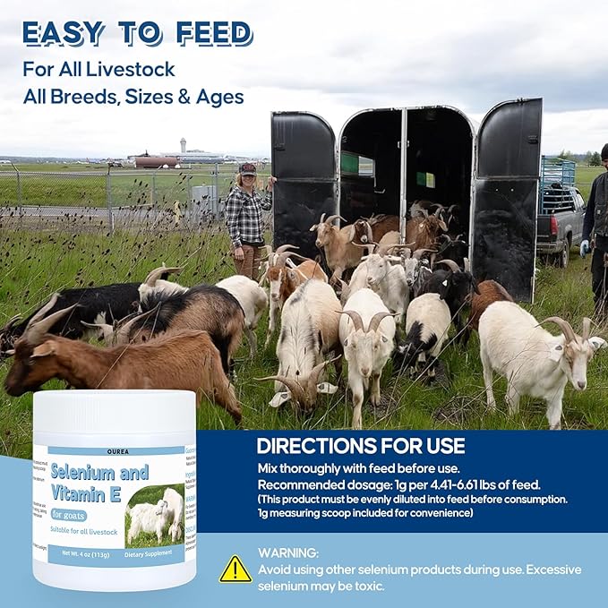 Selenium & Vitamin E Powder for Goat, Selenium Supplement for Goats, Immune System, Muscle Support & Relieve Stress Response, Selenium, Vitamin E Supplements, Goat Minerals, Suitable for All Livestock