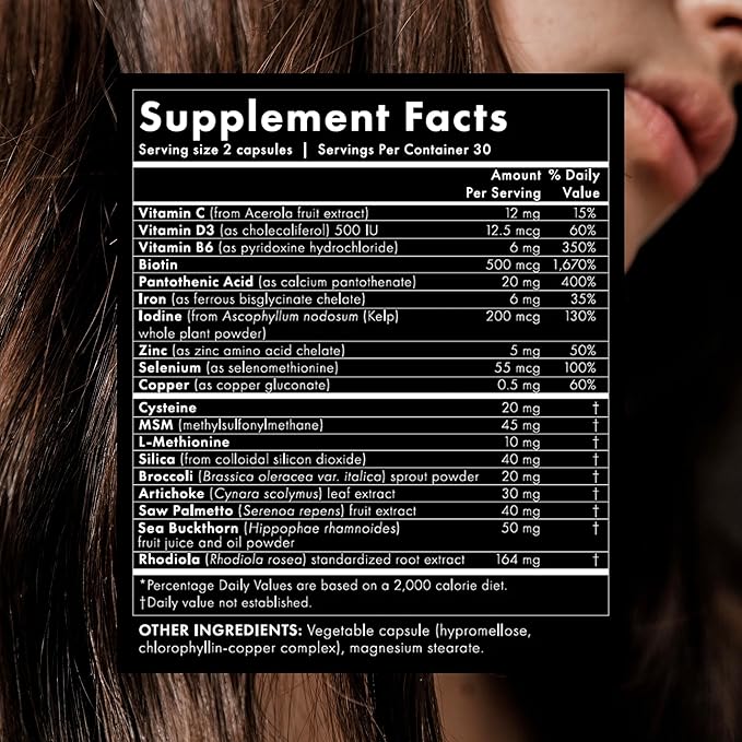 WelleCo The Hair Elixir Vegan Hair Care Supplement with Biotin, Iron, Zinc & Rhodiola, Promotes Hair Growth & Thickness and Helps Reduce Breakage, Gluten Free Hair Skin and Nails Vitamins, 60 Capsules