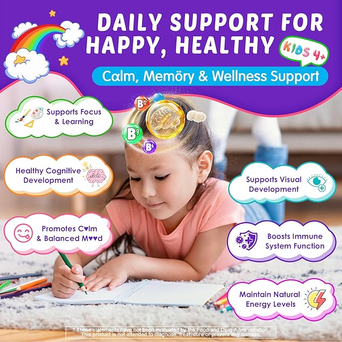 Kid Focus Gummies, Lion's Mane Mushroom Gummies for Kid Brain - Methyl B6, B9, B12 + Super Greens - Focus and Attention Supplements, Cognitive Function & Energy & Vision Support - 60 Vegan Gummies