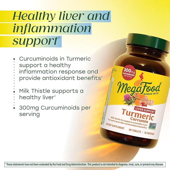 MegaFood Turmeric Curcumin Supplement for Liver Support - Turmeric Supplement with Black Pepper & Milk Thistle - 300mg Curcuminoids Per Serving - Vegan, Gluten Free, NonGMO - 90 Tablets, 45 Servings