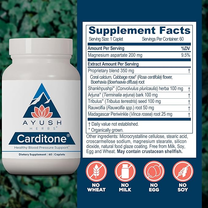 Ayush Herbs Carditone - Natural Heart Health Supplement for Women & Men, BP Formula, Holistic Heart Supplement with Rauwolfia, Arjuna, Calcium, and Magnesium - 60 Vegetarian Caplets (2 Count)