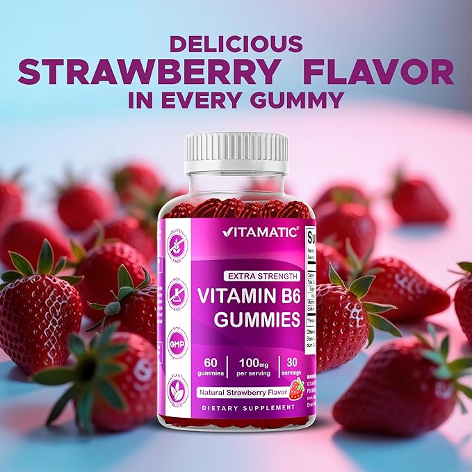Vitamatic Vitamin B6 100mg - Berry Flavor - 60 Pectin Based Gummies - Supports Nervous System