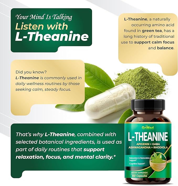 GriMed L-Theanine 11,900mg- X10 Power with Apigenin, GABA Ashwagandha, Rhodiola - Relaxation & Restoration Focus and Memory (150 Count (Pack of 1))