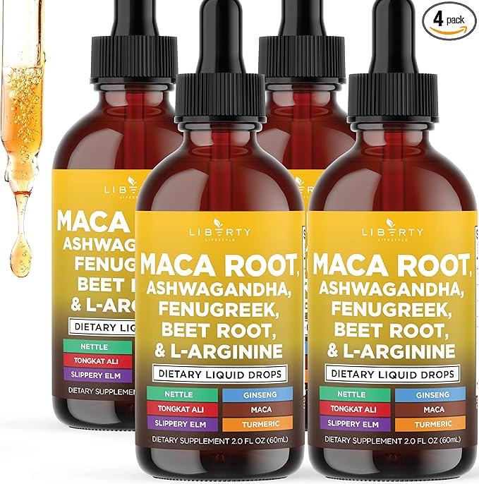 Organic Maca Root Liquid Drops with Ashwagandha, Nettle, Fenugreek, Beet Root and L-Arginine Liquid Multivitamin for Women and Men - 8oz