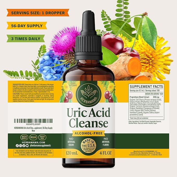 HERBAMAMA Uric Acid Cleanse Liquid Drops - Vegan Uric Acid Flush with Tart Cherry, Chanca Piedra & Dandelion Root Tincture - Non-GMO, Alcohol & Sugar-Free Supplement, 56-Day Supply