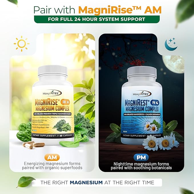 MoxyVites MagniRest PM Magnesium Complex for Women & Men - Magnesium Bisglycinate, Taurate, Active B6, & Calming Organic Botanicals - Chelated High Absorption - Nighttime Magnesium, 60 Vegan Capsules