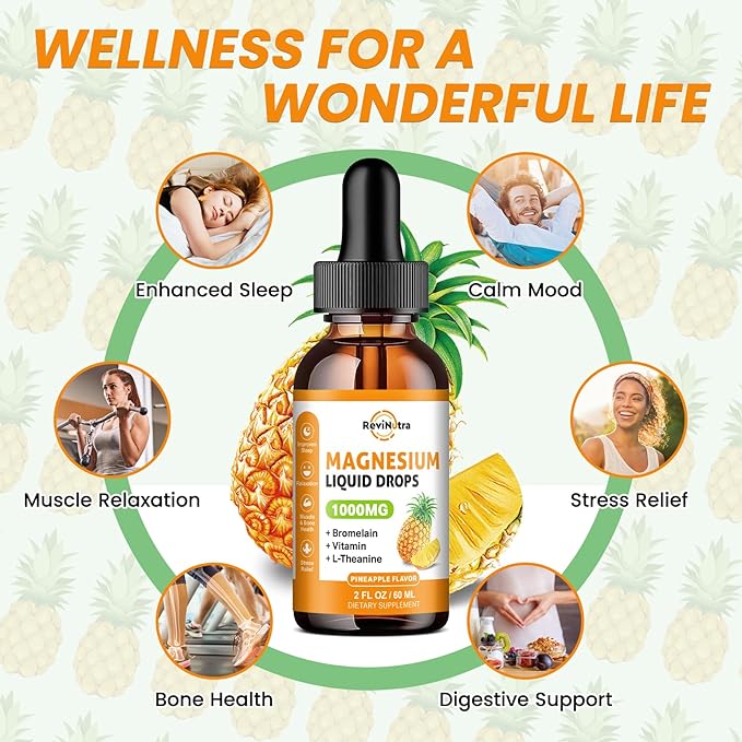2 Pack Magnesium Glycinate Liquid Drops, 1000mg of Liquid Magnesium Complex Drops for Sleep, Nerve, Energy, Muscle, Bone, Calm & Digestion, High Absorption, 2 Fl Oz, Pineapple Flavor
