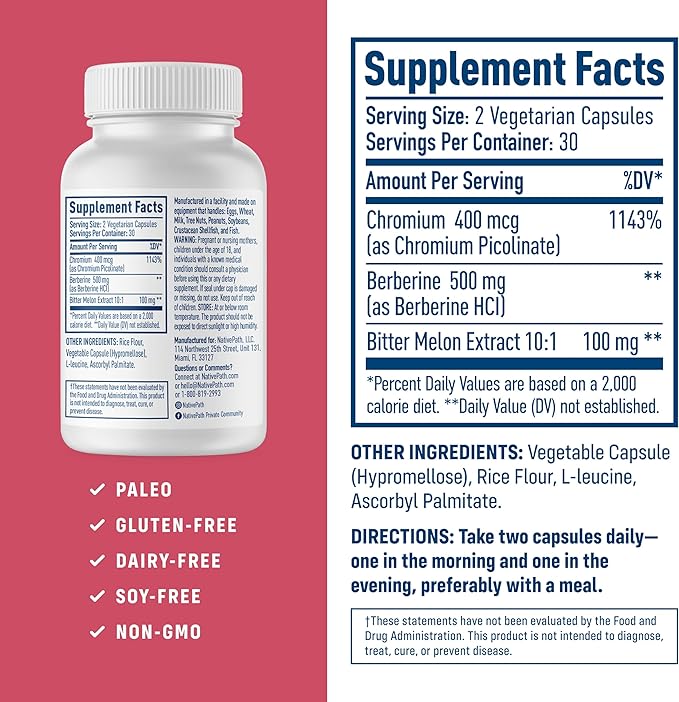 NativePath Native Berberine HCl 3-in-1 Complex with Chromium & Bitter Melon Extract - 500mg Premium Metabolic Support - 60 Capsules (Pack of 2)