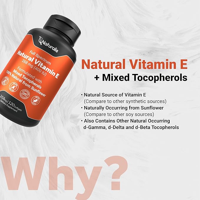 Naturalis Sunflower Vitamin E 268mg (400 IU) with Mixed Tocopherols | Essential Skin Vitamin & Immune Support | Non-GMO, Soy & Gluten Free | 120 Softgels