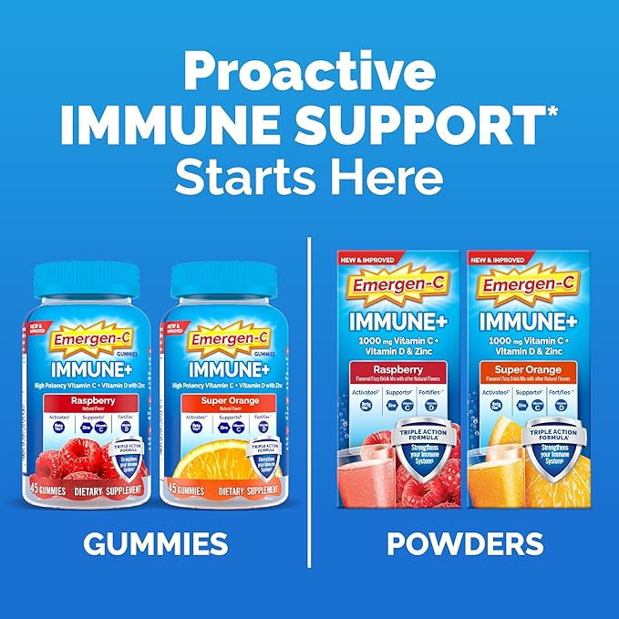 Emergen-C Immune+ Triple Action Immune Support Gummies, BetaVia (R), 1000mg Vitamin C, B Vitamins, Vitamin D and Antioxidants, Super Orange, Back to School Essentials - 45 Count