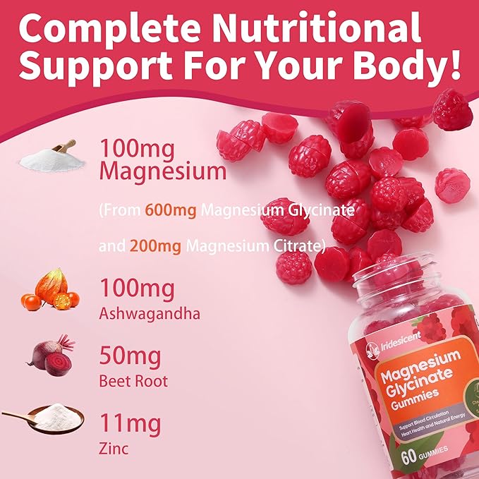 Magnesium Glycinate Gummies, Sugar Free Magnesium Supplement w/Ashwagandha, Zinc, Vegan Magnesium Glycinate Supplement for Adults - 60 Cherry Gummies