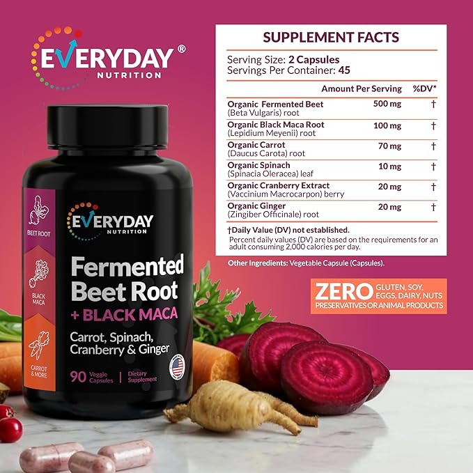 Organic Fermented Beet Root & Black Maca Capsules with Carrot, Spinach, Cranberry & Ginger | Superfood for Energy, Stamina & Wellness | 90 Veggie Capsules | Made in USA