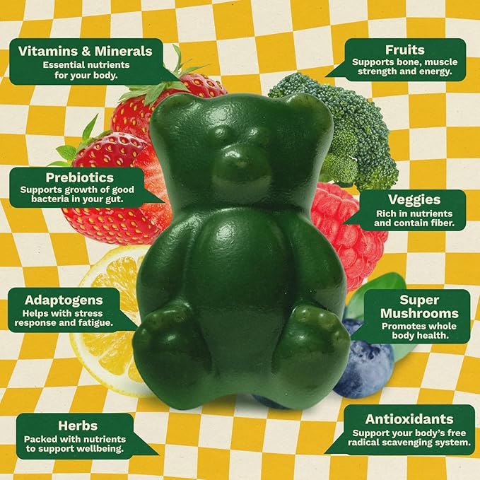 Gruns Multivitamin for Kids, Sugar-Free, Super Greens Superfood Gummy Bears with 20 Vitamins & Minerals, Alfalfa, Spirulina, Chlorella, Prebiotics Fiber for Digestive Health, Adaptogens, 28 ct