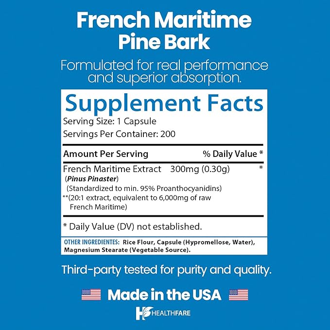 Healthfare Pine Bark Extract 6000mg French Maritime | 200 Vegan Capsules | Standardized 95% OPC Proanthocyanidins | Antioxidant Herbal Supplement | Non-GMO, Gluten-Free | Made in USA