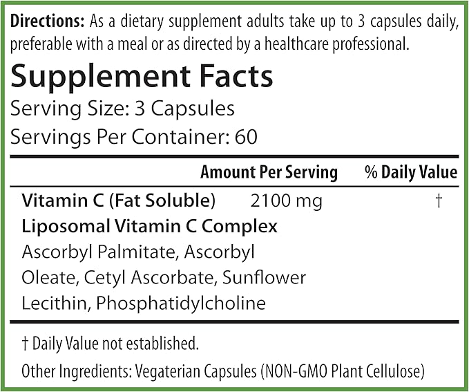 PURE® Liposomal Vitamin C 2100mg - 180 Capsules, 60 Servings - High Absorption Immune Support Supplement with Sunflower Lecithin - Bioavailable Antioxidant for Collagen & Skin - Made in USA