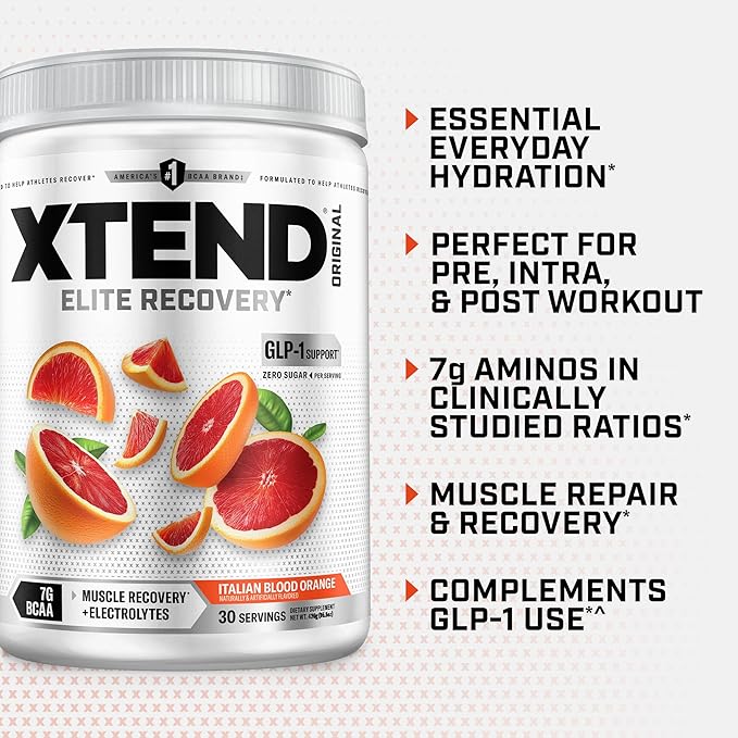 Xtend Original BCAA Powder, 7g BCAAs and 2.5g L-Glutamine for Muscle Recovery Hydration and Lean Muscle, Sugar Free Intra and Post Workout Drink with Electrolytes, Italian Blood Orange, 30 Servings