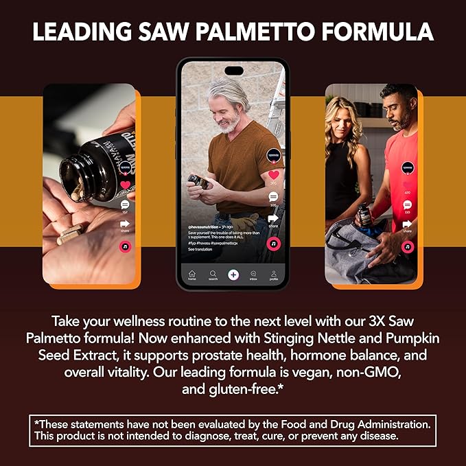 Saw Palmetto Supplement with Stinging Nettle and Pumpkin Seed Extract - Advanced 3X Formula - DHT Blocker Urinary Health and Prostate Support for Mens Health - Vegan, Non-GMO Capsules - 2 Month Supply