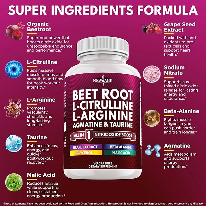 NEW AGE Beet Root Capsules - L Arginine, L Citrulline, Nitric Oxide, Beetroot Powder, Arginine, Citrulline Supplement – 270 Vegan Capsules