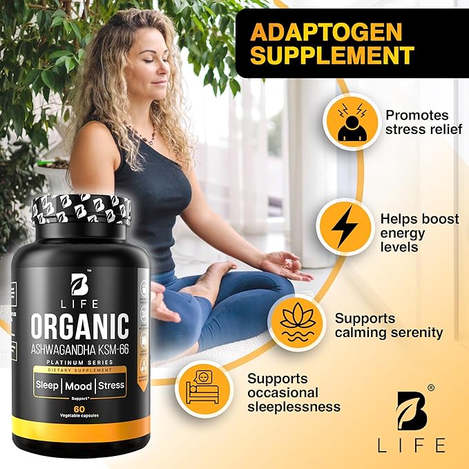 Organic Ashwagandha KSM-66 1000 mg Supplement | Adaptogen for Cortisol Support & Stress Relief | Mood, Calm & Sleep Aid for Men & Women | Ashwagandha ritual vitamins for women | 60 Vegan Caps