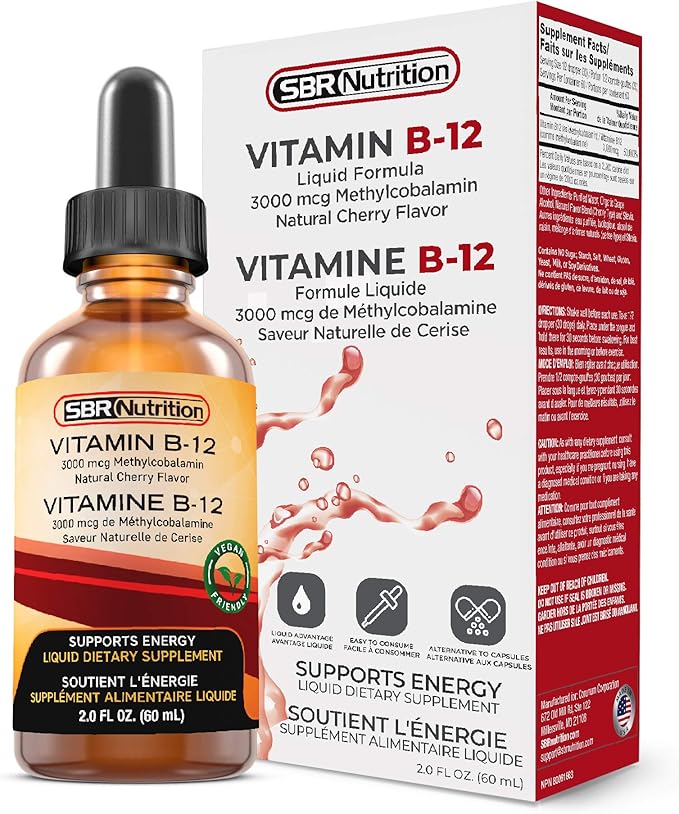 SBR Nutrition Vitamin B12 Sublingual Liquid Drops - Methylcobalamin, VIT B 12 Supports Energy, Max Absorption, 3000mcg Per Serving, 60 Servings, Non-GMO, Vegan Friendly, Manufactured in The USA