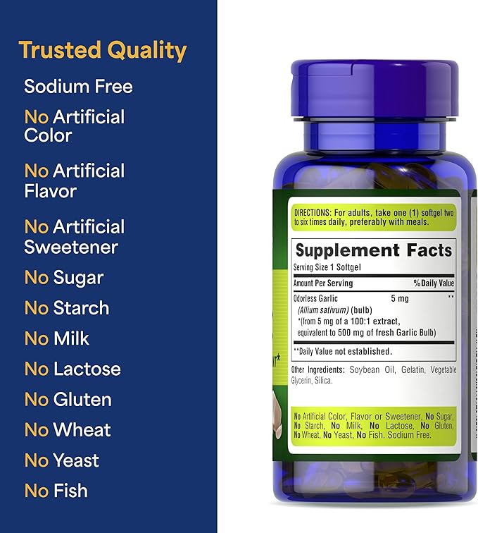 Puritan's Pride Premium Odorless Garlic Fresh 500mg, Traditional Dietary Supplement for Heart Health and Circulation Support with Antioxidant Properties, 250 Rapid Release Softgels
