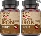 DEVA Nutrition Vegan Chelated Iron 29 mg Fortified with B-12 - High Potency, Easy to Swallow - 90 Tablets, 2-Pack