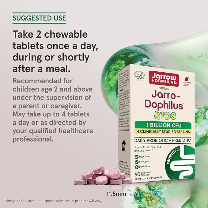 Jarrow Formulas® Jarro-Dophilus® Kids Probiotics and Prebiotics, 1 Billion CFU, Supplement for Intestinal and Immune Health Support, 60 Sugar-Free Raspberry-Flavored Chewable Tablets, 30 Day Supply
