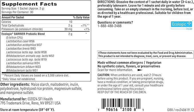 Klaire Labs SFI Health Probiotic Powder - Target gb-X with Bifidobacterium & Lactobacillus, Clinically Demonstrated to Promote Positive Mood, Shelf-Stable & Hypoallergenic for Men & Women (30 Packets)