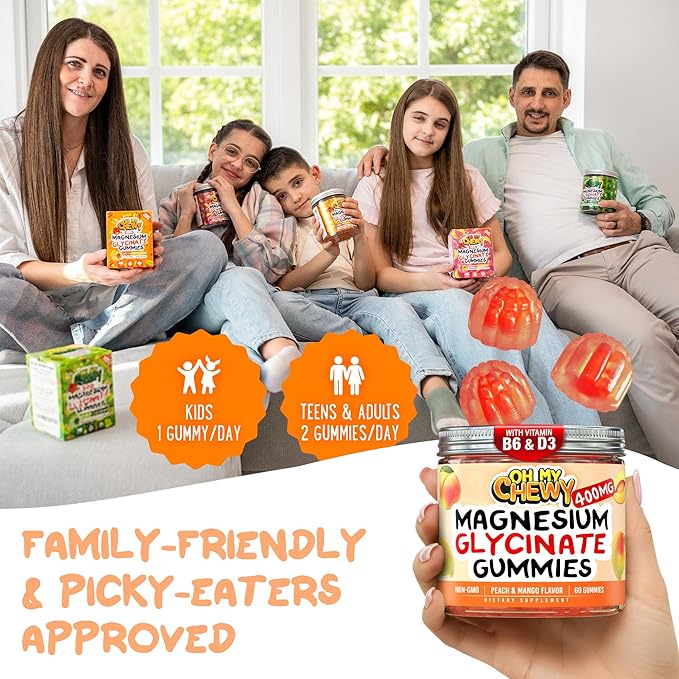 Center-Filled Magnesium Glycinate Gummies 400MG - High Absorption for Kids, Teens & Adults - Supplement for Sleep, Calm & Muscle Relaxation with B6 & D3 - Gluten Free & Vegan Friendly - 60 Count
