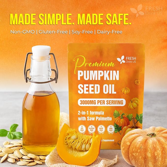 FreshDrinkUS, 330 Premium Pumpkin Seed Oil Softgels with Saw Palmetto, 3000mg Per Serving, Cold Pressed, Pure Virgin Oil, Great Hair Support, Non-GMO, Gluten-Free.