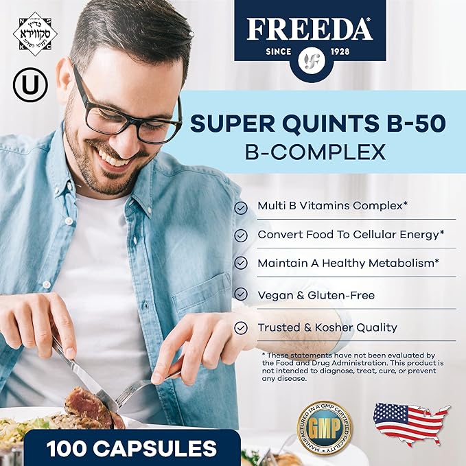FREEDA B-Complex Capsules – Super Quints B-50 – B2 B3 (Niacinamide) B6 B12 + Biotin + Folic Acid + Choline & Inositol – Vegan – 250 Capsules