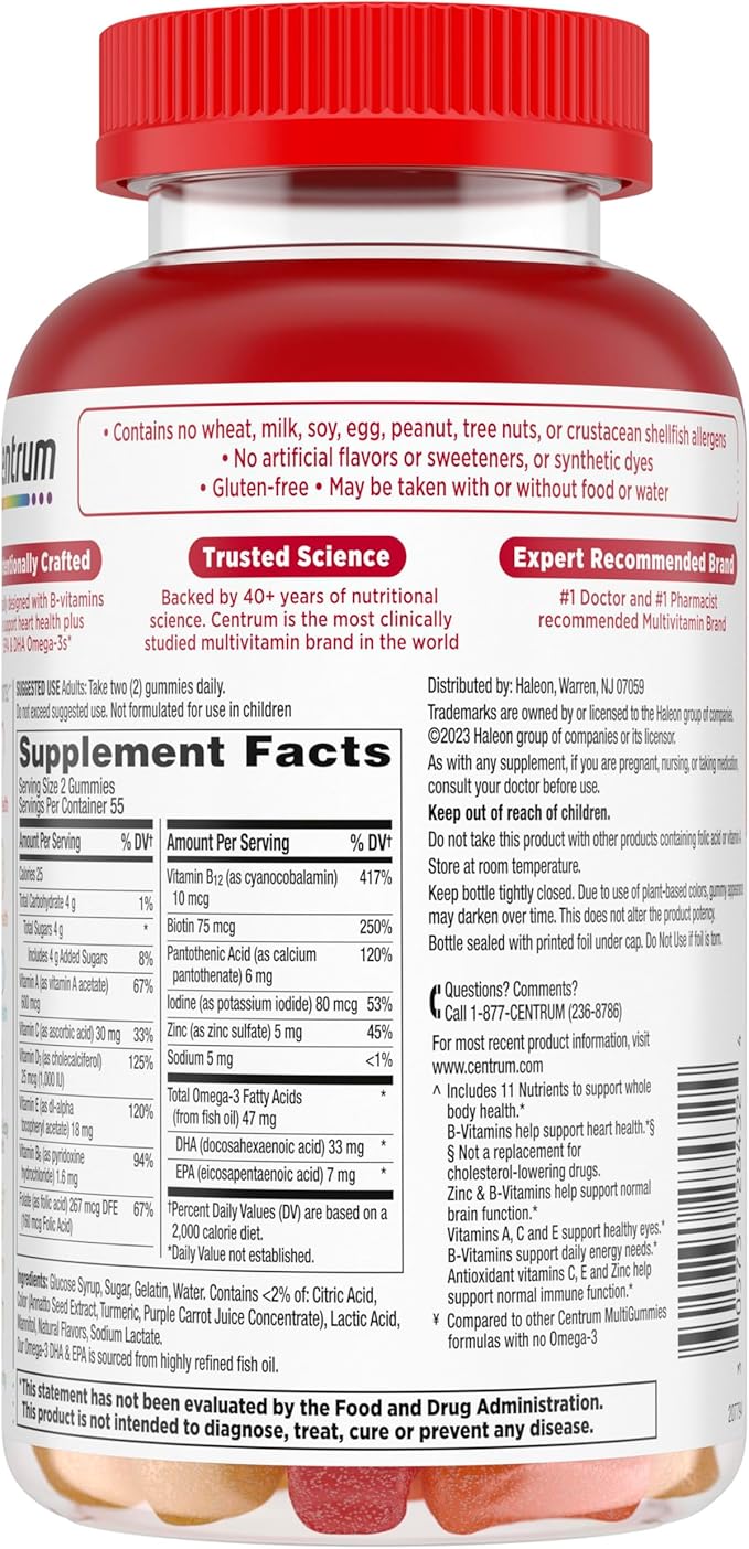Centrum MultiGummies Multi+ Omega 3 Dual Action, Adult Multivitamin, Multivitamin/Multimineral/Omega 3 Supplement, Strawberry/Lemon/Orange Flavors - 110 Count