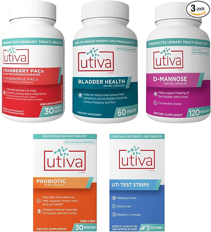 Szio+ 15% Bundle Utiva Cranberry PACs 30 Vegi Capsules + Bladder Health 60 Capsules + D-Mannose 500mg 120 Capsules + Probiotic 30 Delayed Release Vegi Capsules + Utiva UTI Test Strips