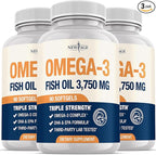 Triple Strength Omega 3 Fish Oil 3750 mg - EPA & DHA - Over 3000mg Omega-3 Fatty Acids - 1350mg EPA + 900mg DHA - Best Essential Fatty Acids, Burpless Fish Oil - 270 Count