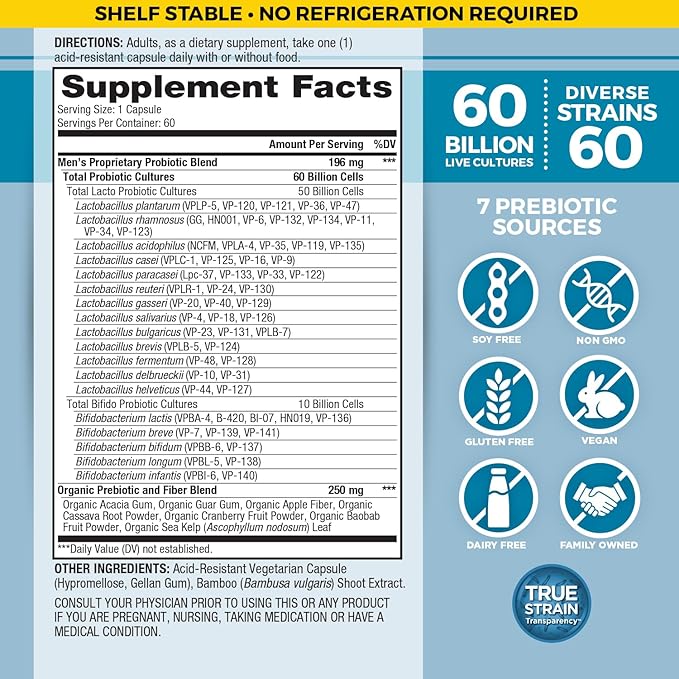 Vital Planet - Vital Flora Probiotics for Men, 60 Billion CFU, 60 Diverse Strains, 7 Organic Prebiotics, Men’s Daily Shelf Stable Probiotic for Immune Support, Gas Relief, Digestive Health 60 Capsules