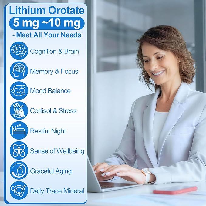 12-in-1 Lithium Orotate 5mg 10mg with Ashwagandha & L-Theanine, Lithium Orotate for Mood, Calm, Cognitive & Brain, High Bioavailability Trace Mineral, Lemon Balm, Magnesium Glycinate, 1 Pack