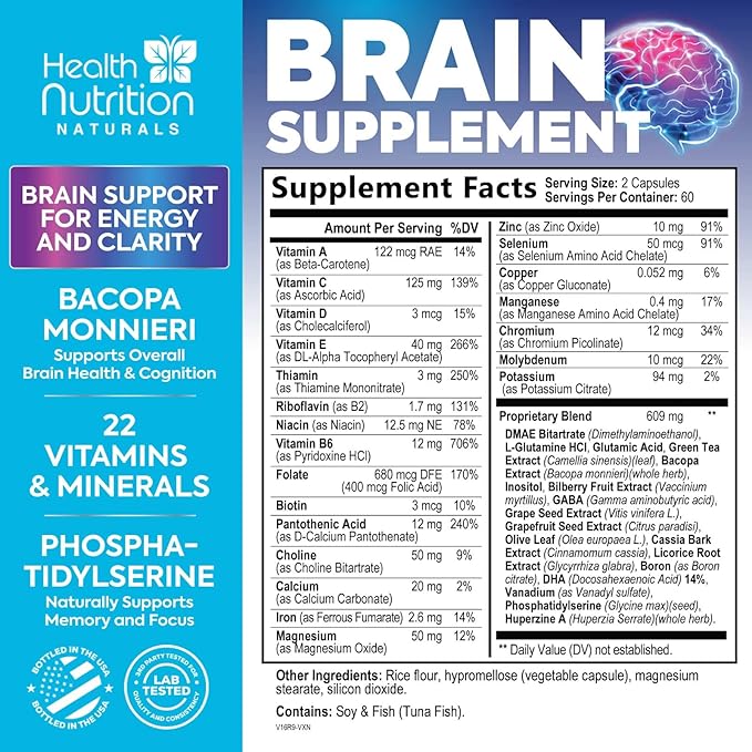 Brain Memory Supplement - 3X Strength Nootropics for Concentration, Clarity & Focus Support - Brain Health Cognitive Vitamins with Bacopa, Phosphatidylserine & DMAE, Brain Booster, 120 Capsules