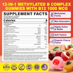 Methylated B Complex Vitamins Gummies, 12-in-1 Formula + Methyl B12 1000 mcg, 5-MTHF Methylfolate, Inositol, Choline, Vitamin C, D3, Multivitamin B Complex for Women & Men, Energy, Focus, 60cts