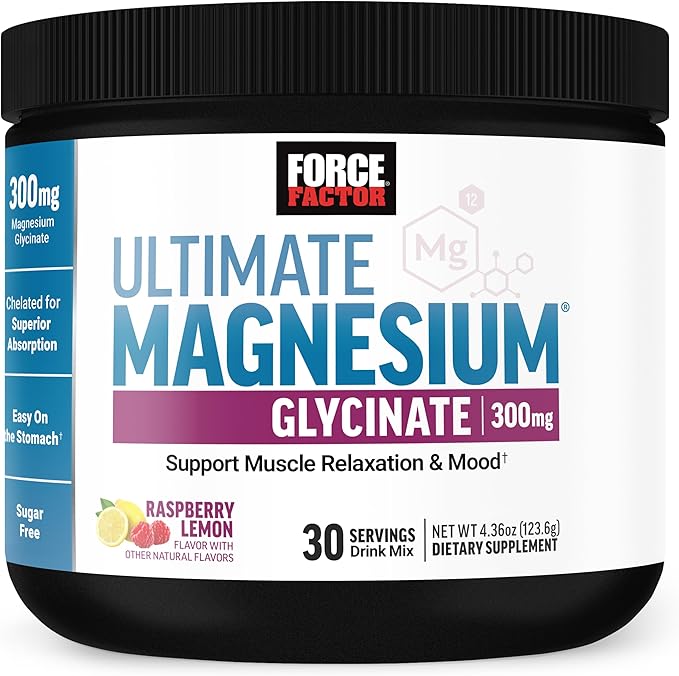 Force Factor Ultimate Magnesium Glycinate Powder 300mg, Support Relaxation & Mood, Promote Bone Health, Chelated Magnesium Bisglycinate, High Absorption, Raspberry Lemon, 30 Servings