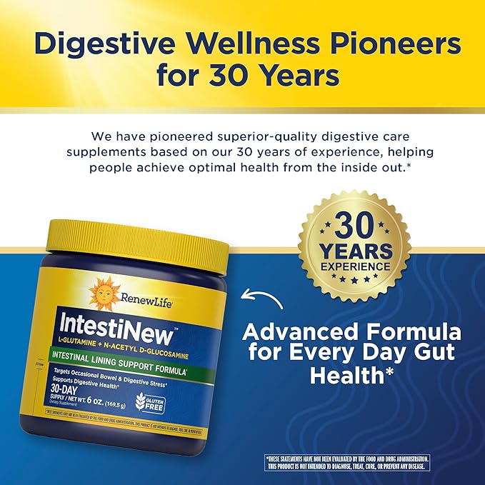 Renew Life IntestiNew Intestinal Lining Support Formula, Powder Supplement Supports Digestive Health, L-Glutamine, Dairy, Soy and gluten-free, 5.7 oz.