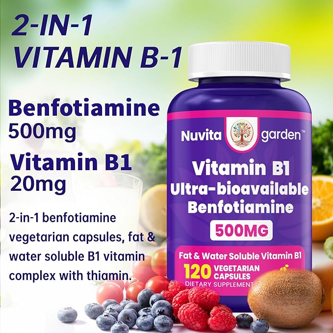 Benfotiamine 500mg + 20mg Vitamin B1, 120 Veggie Capsules, High Potency Fat Soluble Essential Vitamin B1 Thiamine Supplement, Supports Overall Health, Non-GMO, Gluten Free