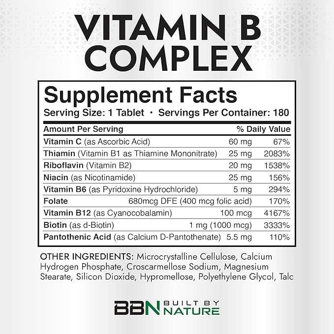 Built by Nature Vitamin B Complex – Super B Complex Vitamins for Women & Men – Energy, Stress & Immune Support – High Potency B Vitamins Complex with B12 – 180 Tablets