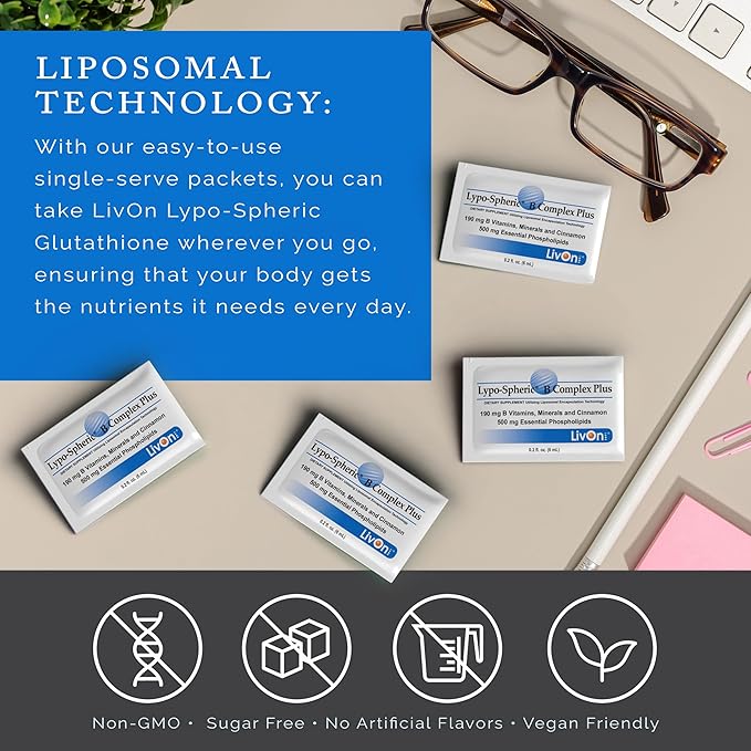 LivOn Laboratories Lypo–Spheric B Complex Plus – 30 Packets – 195 mg B Vitamins, Minerals & Cinnamon Per Packet – Liposome Encapsulated for Improved Absorption – 100% Non–GMO