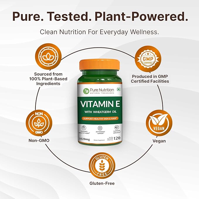 Pure Nutrition Vitamin E with Wheatgerm Oil, 1020mg |120 Caps | Natural Source of Vitamin E | Hair and Skin Supplement | Non GMO