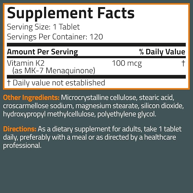 Bronson Vitamin K2 MK-7 100 MCG, K2 as MK7 Menaquinone, Bone Support Non-GMO, 120 Tablets