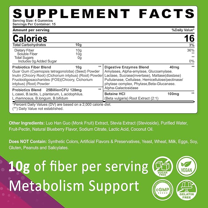Fiber Gummies for Adults, Sugar Free 10g Prebiotic Fiber Supplement with Digestive Enzymes, Probiotics & 100mg Betaine for Digestive & Gut Health and Regulate Bowel Movement, Vegan, Gelatin Free,120ct