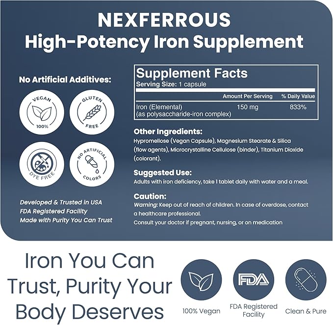 Polysaccharide Iron Complex 150mg for Anemia Support - Prevention & Treatment of Iron Deficiency, Supports Red Blood Cells Formation, Gentle on the Stomach, High Potency, USA-Made, 100 Capsules